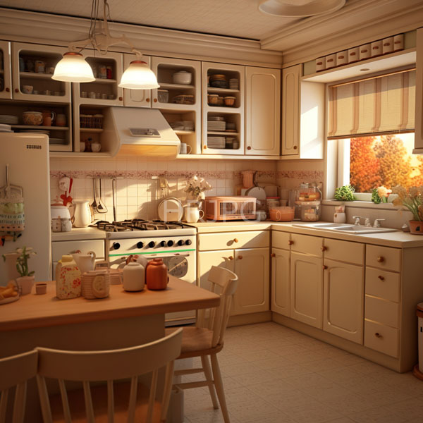 inviting vintage style kitchen bathed in warm sunlight from a window with striped beige and white blinds cream colored cabinets line both walls 9454