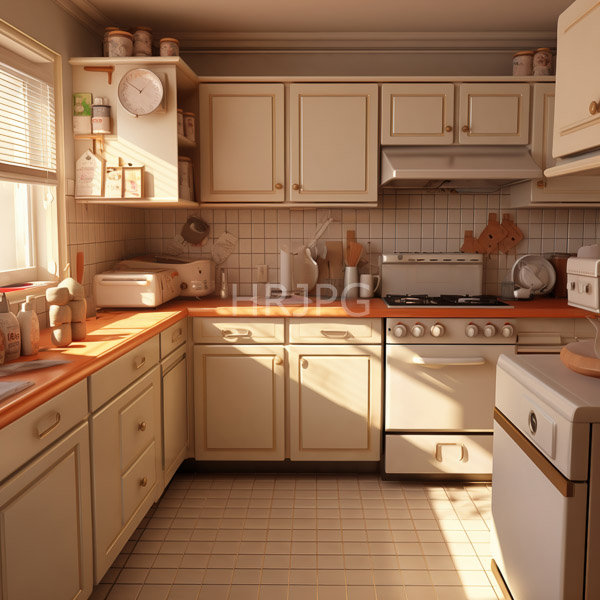 old fashioned sunlit kitchen with cream colored cabinets and orange countertops a white tile backsplash and vintage style stove and toaster oven 2495