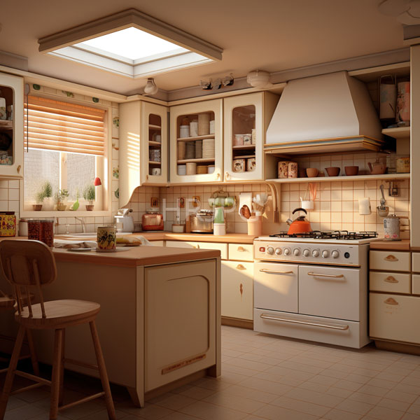 inviting vintage style kitchen bathed in warm sunlight from a skylight and window with blinds partially open features cream colored cabinets and wooden countertops 5239
