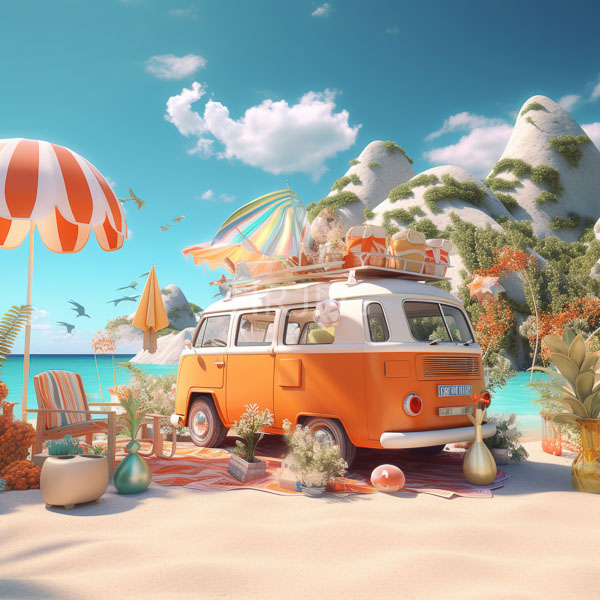 orange and white vintage volkswagen van parked on a sandy beach adorned with surfboards and potted plants with a colorful striped umbrella nearby 8039