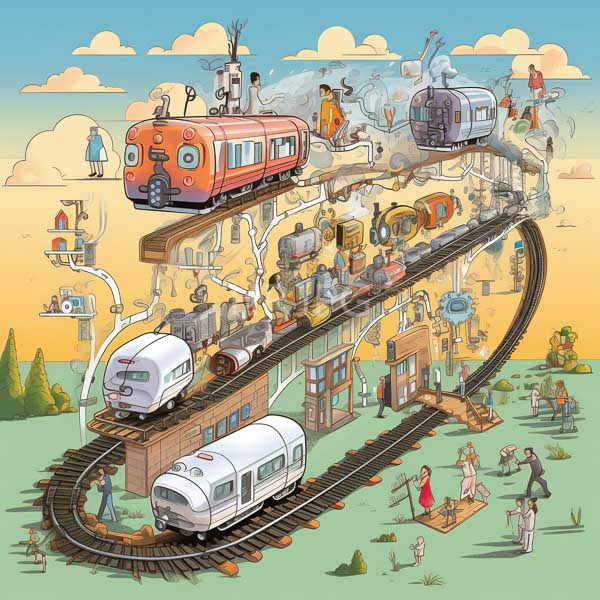 intricate colorful illustration depicts multiple levels of train tracks and stations in a whimsical style with cartoonish characters and vintage trains 6119