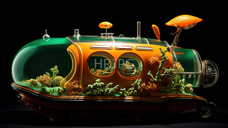 intricately designed futuristic aquarium resembling a vintage car with green and orange hues featuring two circular windows revealing colorful coral reefs