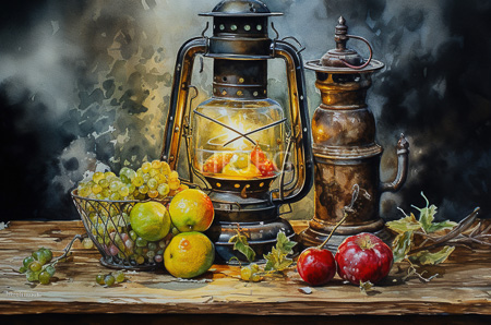 detailed realistic watercolor painting depicts an old wooden table with vintage lanterns and kitchenware with a glowing glass lantern and a brass pitcher