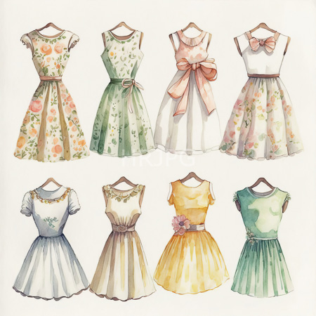 watercolor illustration features twelve vintage style dresses on wooden hangers with floral patterns in pastel colors and a line sleeveless designs