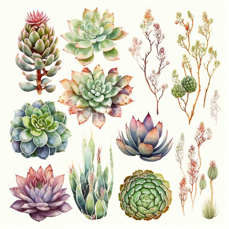 intricate watercolor illustration features various succulent plants and small trees showcasing detailed textures and vibrant colors including multiple types of rosette shaped cacti