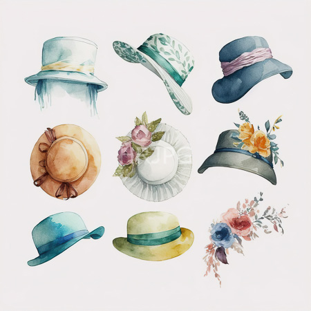 watercolor illustration features nine vintage hats each with unique styles and decorations including a top hat in blue green stripes a green patterned sunhat and a dark gray fedora