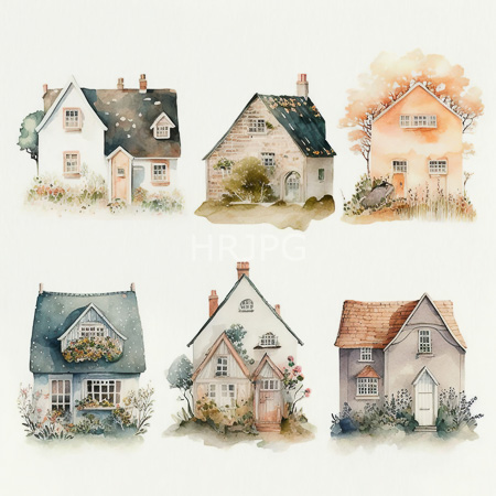 watercolor illustration features six charming quaint houses in various styles and colors including two white cottages a rustic stone house and a peach colored cottage surrounded by trees