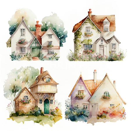 watercolor illustration features four charming quaint houses with varied architectural styles and colors including white cottages with green doors and an ivy covered house in soft pastels