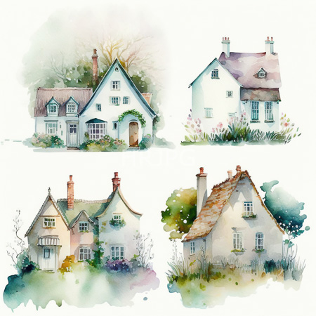 watercolor painting features four quaint charming cottages with white and pastel colored walls each features distinct roof styles chimneys small windows and gardens