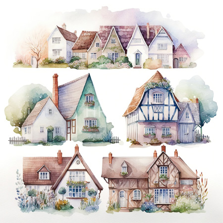 watercolor illustration features five charming diverse houses in pastel colors including white cottages with brown roofs and a green house beside a tudor style half timbered cottage