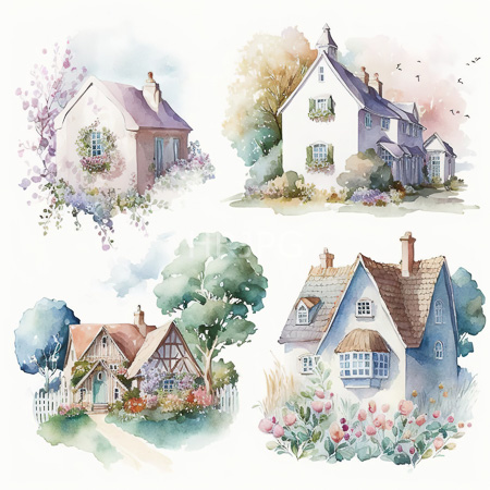 watercolor illustration features four charming pastel colored cottages with varied architectural styles and lush gardens each cottage features distinct details like flower boxes and chimneys