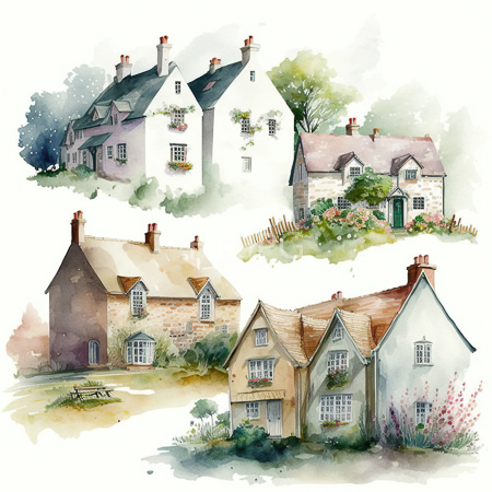 watercolor painting features four quaint rustic houses in different styles and colors including white cottages with red chimneys and a beige stone house adorned with flowers