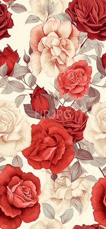 intricate illustration features various red and cream colored roses with detailed petals surrounded by green leaves on a white background with flowers in varying stages of bloom