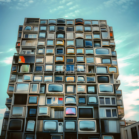 eclectic multi story building facade composed entirely of various vintage televisions in different sizes stacked vertically some screens display static or colorful patterns