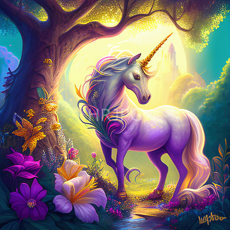 ethereal lavender equine with flowing pink and purple mane stands in a vibrant forest clearing adorned by colorful flowers under sunlight filtering through trees 4014