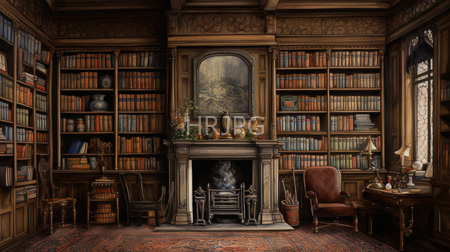ornate vintage library room wooden bookshelves colorful books central fireplace classical painting decorative vases armchairs