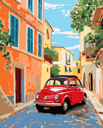 old european street vibrant pastel colored buildings blue shutters greenery on balconies central red vintage car parked cobblestone alley