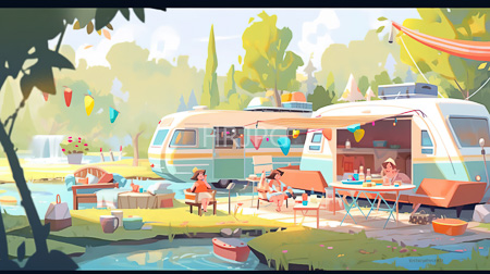 outdoor camping scene two people sitting at tables vintage striped camper vans open doors awnings colorful triangular flags
