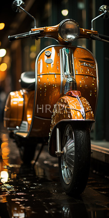 two vintage copper colored vespa scooters parked on wet pavement at night one in foreground with detailed metallic studs