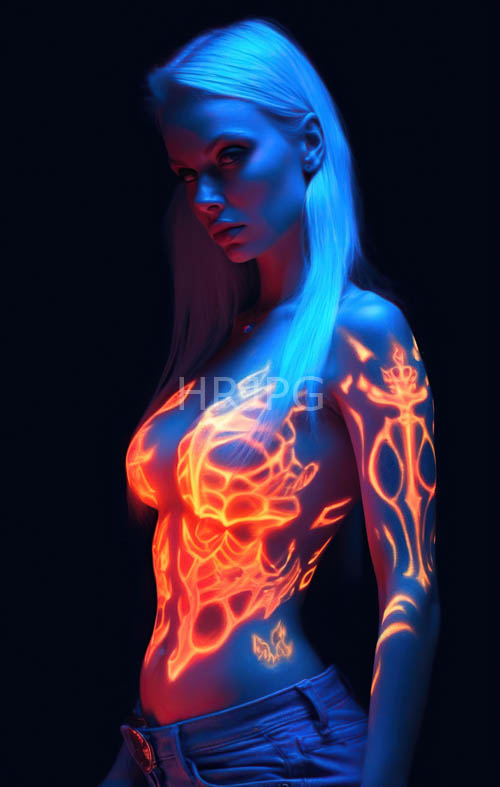 High Resolution: Platinum Blonde Locks Cascade Over Pale Shoulders Against Futuristic Light Display download. | HRJPG.com