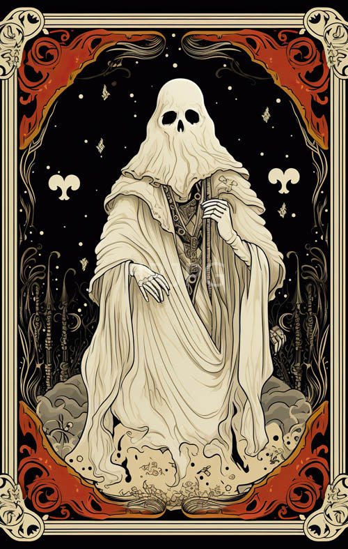 spectral silhouette emerges from abyssal void amidst translucent white robes