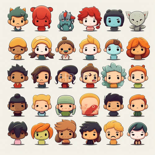 miniature avatars populate clean offwhite canvas with structured grid of chibi design