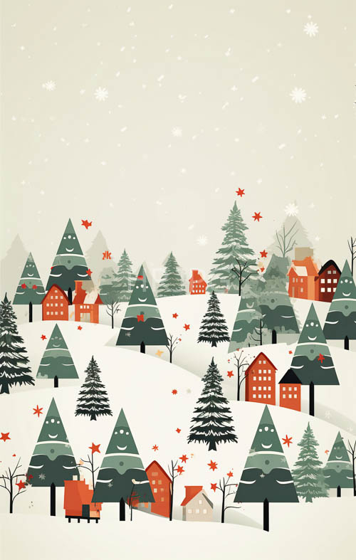 carmine and emerald rooftops nestle within frosted pine trees creating a rhythmic contrast
