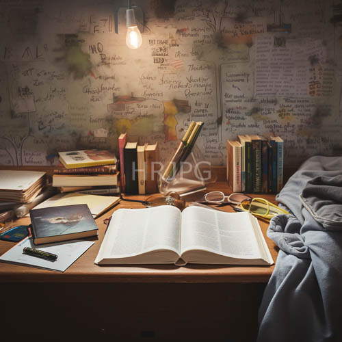 wooden surface illuminated by intense intellectual labor amidst sprawling notes