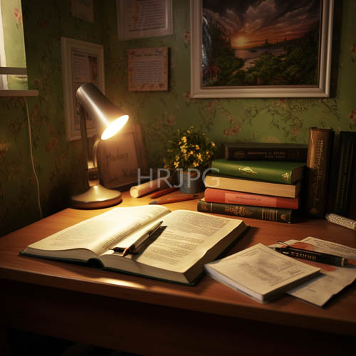 High Resolution: Apolished wooden desk bathed in shimmering illumination transfigures a quiet workspace download. | HRJPG.com