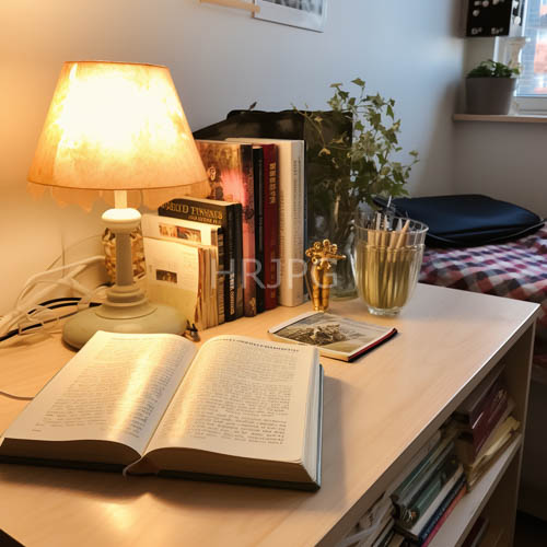 organized workspace evolves into literary sanctuary with ambient illumination