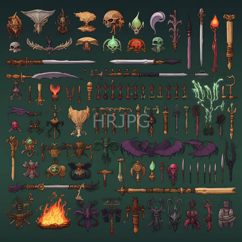 jewel toned backdrop unveils opulent arsenal of intricately crafted highfantasy armaments and macabre artifacts