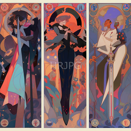 elongated forms define composition in triptych with elaborate costumes and saturated hues