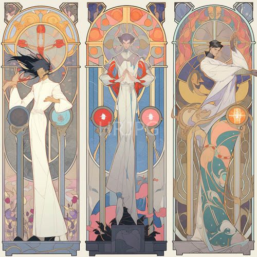 leaded glass filters intricate patterns upon three silhouettes draped in flowing vestments amidst rigid geometry and fluid organic forms