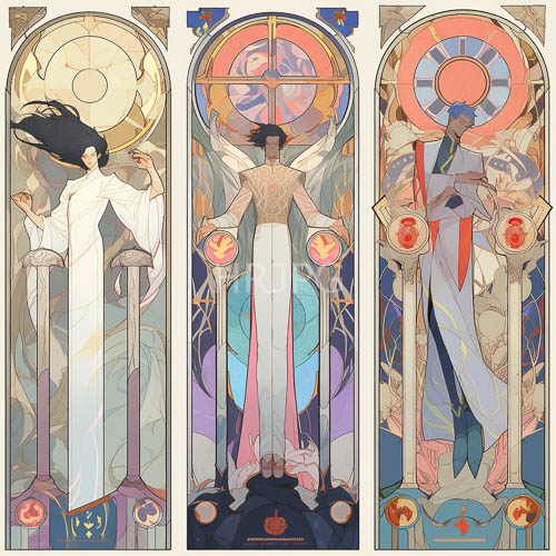 meticulously rendered figures inhabit ornate gilded motifadorned realm