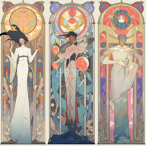 translucent figures in segmented stained glass panels celebrate curvilinear lines of art nouveau