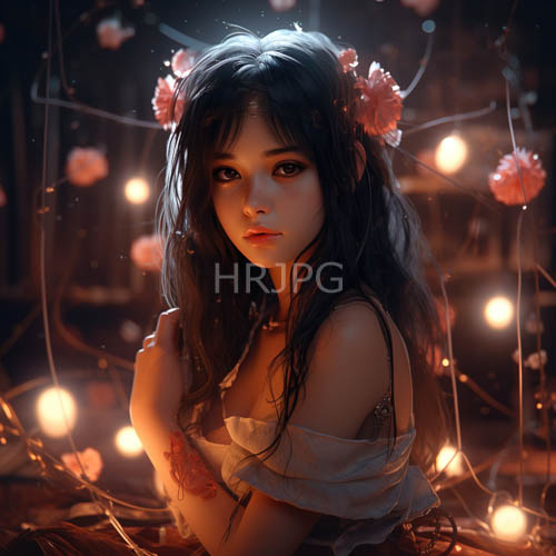 High Resolution: Cascading Dark Tresses Entwined with Delicate Pink Blossoms Meet Modern Artistry download. | HRJPG.com