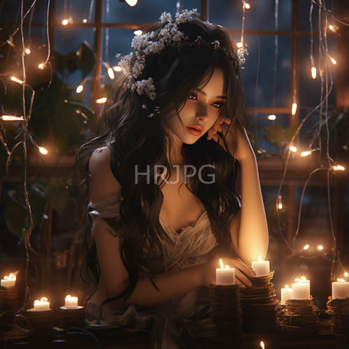 angelic figure in candlelit sanctuary with flickering candles and delicate lace