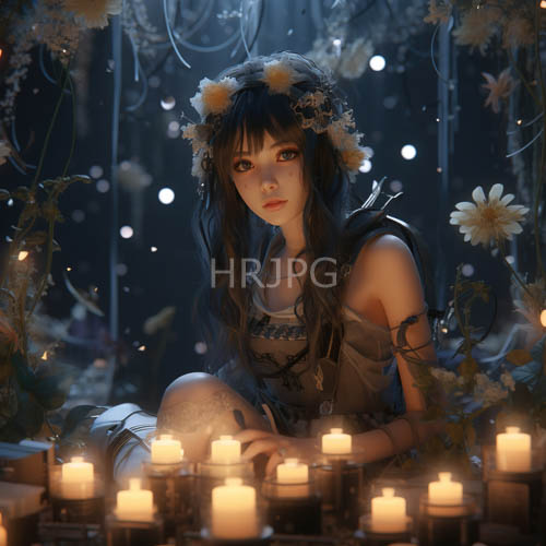 hazy figure amidst flickering candlelight on a verdant starry background