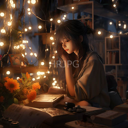 fairy lights cast amber glow across workspace amidst serene dusk