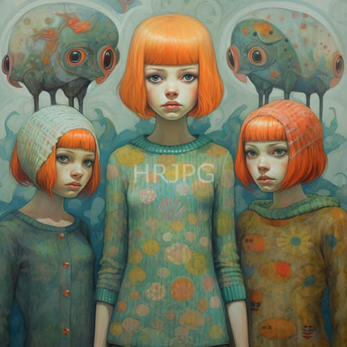 High Resolution: Striking geometric orange hair frames forestgreen sweaters amidst deep verdant tones download. | HRJPG.com