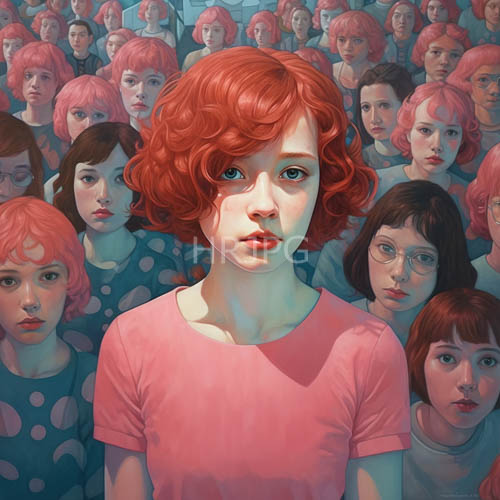 sapphire eyes amidst crimson curls in a sea of lookalikes under sunlight