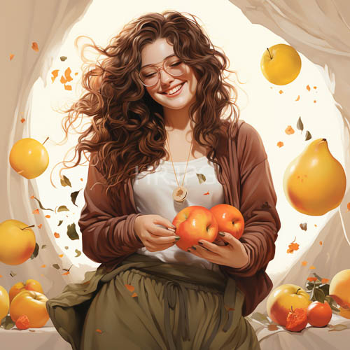 young woman with chestnut curls and sleek eyewear in a cozy rustcolored cardigan setting with earthy tones