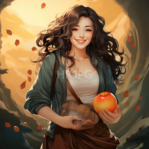 of young woman with wavy dark brown locks and muted tones ensemble