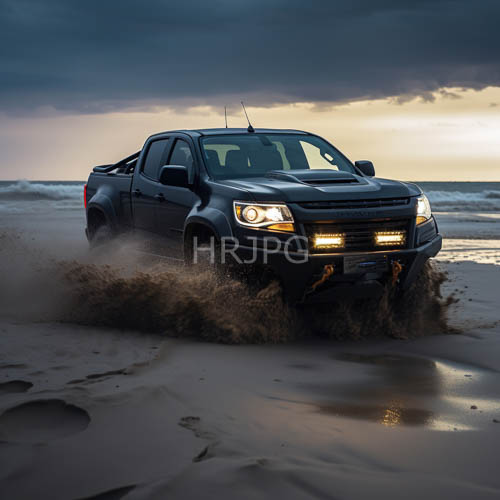 High Resolution: Menacing Ford F150 Confronts Turbulent Coastline at Dusk with Heavy Frame download. | HRJPG.com