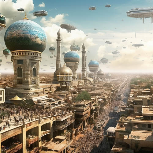 High Resolution: Ancient Middle Eastern Architecture Meets Futuristic Ingenuity in a Bustling Metropolis download. | HRJPG.com