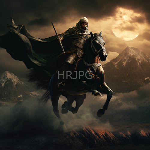 moonlit warrior on highaltitude stallion crests rugged mountain terrain amidst misty vapor