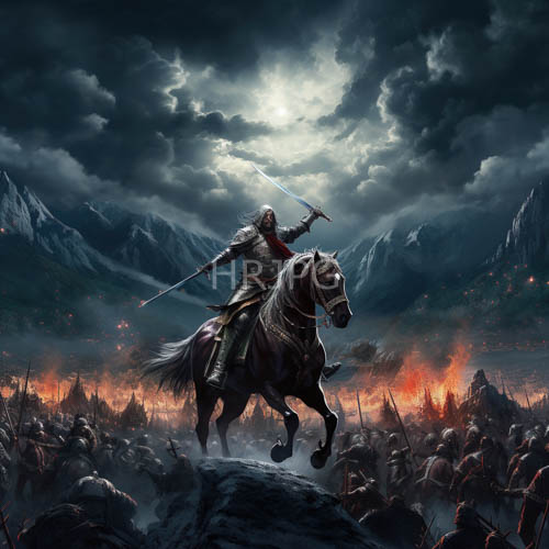 warrior on rocky terrain confronts hostile legion under turbulent skies
