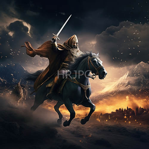 fantasy warrior converges with epic apocalyptic horizon in weathered metallic armor