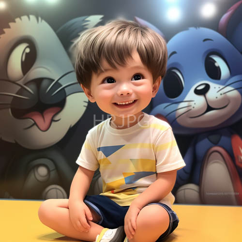 joyful toddler sits crosslegged on vibrant yellow floor amidst dark geometric patterns