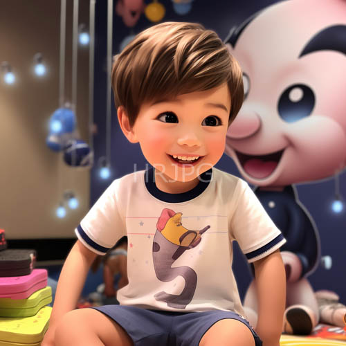 brownhaired boy amidst meticulous childhood play landscape with distinctive graphic